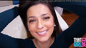 Brunette teen Jaye Summers gives a sloppy blowjob with a two-handed handjob
